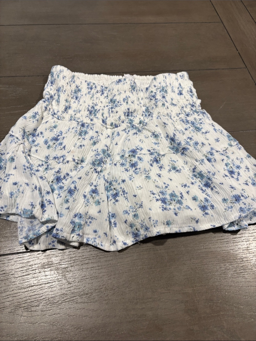 Garage White Floral Smocked Waist Skort with Blue Print
